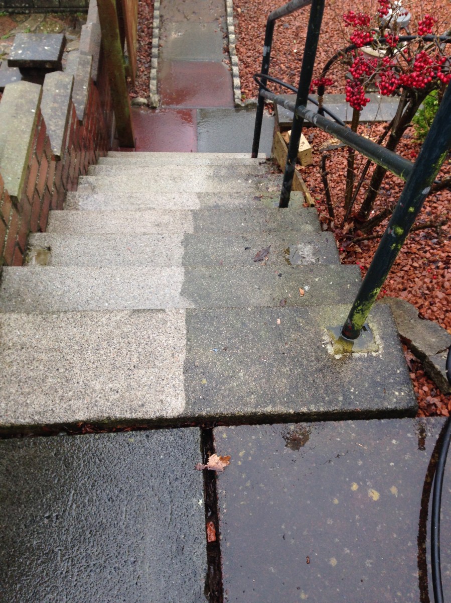 Partially cleaned concrete steps